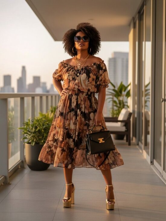 Kate & Lily Dresses & Skirts - Kate & Lily Floral Tiered Midi Dress in Brown and Cream Size 18W